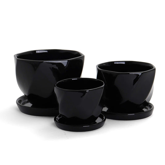 Milltown Merchants Black Planter Set - Indoor and Outdoor Plant Pot - Contemporary Ceramic Planter - Textured Planter Flower Pot Set (Twisted/Black)
