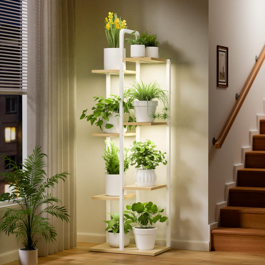 Qiaogreen Plant Stand Indoor with Grow Lights - 50" Metal Flower Pot Stands for Multiple Plants - 7 Tiered Tall Plant Stands, Corner Plant Shelf for Living Room Home Gardening Decor (White)
