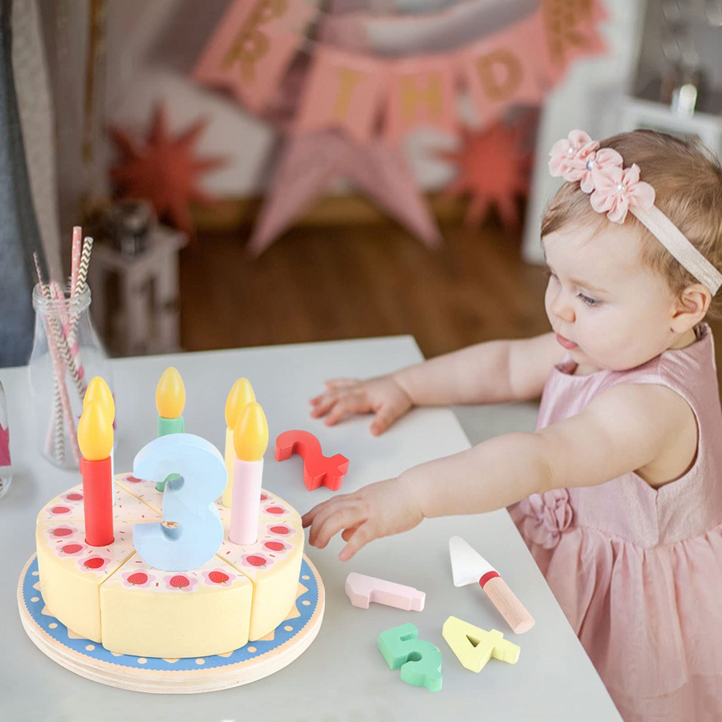 Steventoys Wooden Cutting Cake Play Set, Fake Cake with Candles and Numbers, Pretend Play Food Set, Montessori Tea Party Toys Learning Kitchen Toys for Boys Girls 1-6 Years