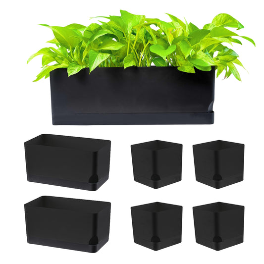 LaLaGreen Planters for Indoor Plants (7 Pack) Self-Watering System Black Window Box Planter, Rectangular Plastic Flower Boxes Herb Garden Long Windowsill Plant Pot with Drainage Modern Stylish Outdoor