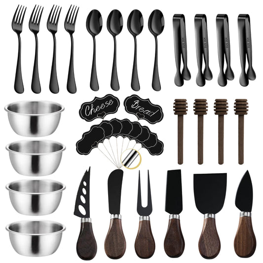 Charcuterie Board Accessories Set - Cheese Knife & Spreader, Charcuterie Cocktail Picks, Small Serving Bowls, Cheese Markers & Mini Tongs for Valentine Charcuterie Platter & Grazing Board (Black)