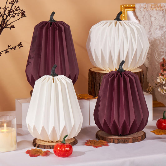 4Pcs Paper Pumpkin Table Decorations, Fall Pumpkin Honeycomb Centerpieces 3D Paper Honeycomb Pumpkins for Thanksgiving Autumn Halloween Home Table Decor (Burgundy and White)