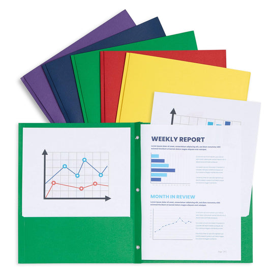 Blue Summit Supplies 100 Paper Two Pocket Folders with Prongs, 2 Pocket Folders Bulk 100 Pack, Assorted 5 Colors, 3 Prongs for Letter Size Paper, Designed for Office and Classroom