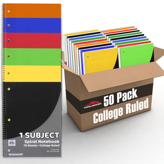 Trail maker Bulk Notebooks (50 Pack), One Subject Notebooks College Ruled, 140 Pages (70 Sheets),Spiral Bulk Notebooks for Kids, School Supplies, Journaling, Note Taking, Students, and Work