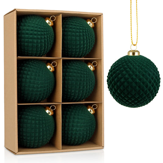 Velvet Christmas Ball Ornaments Set - 6 Pcs 4" Large Hanging Ball Christmas Tree Decorations Green Shatterproof Luxury Decor with Hanging Strings for Xmas Tree Decor Halloween Holiday Home Party