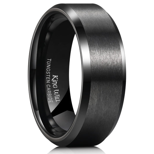 King Will 8mm Men's Black Wedding Ring - Brushed Matte Surface, Beveled Polished Edge, Comfort Fit Size 4