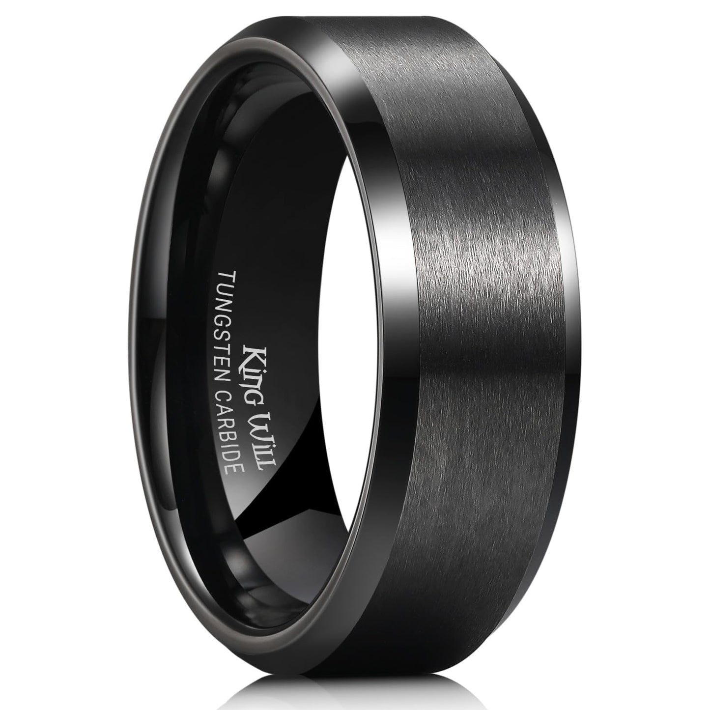 King Will 8mm Men's Black Wedding Ring - Brushed Matte Surface, Beveled Polished Edge, Comfort Fit Size 7