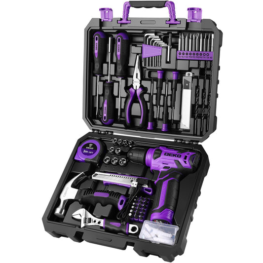 DEKOPRO Tool Set: Tool Kit with 8V Cordless Drill, Hand Toolbox with storage case, Tool set for Home Repairs 126 Piece, Purple