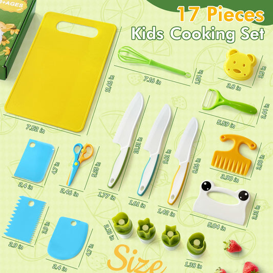 Chanking 17 Pieces Kids Safe Knife Set for Real Cooking Child-Friendly Plastic Chef Tools Montessori Kitchen Toys for Toddlers Birthday Gifts for Boys and Girls Ages 4+ (B)