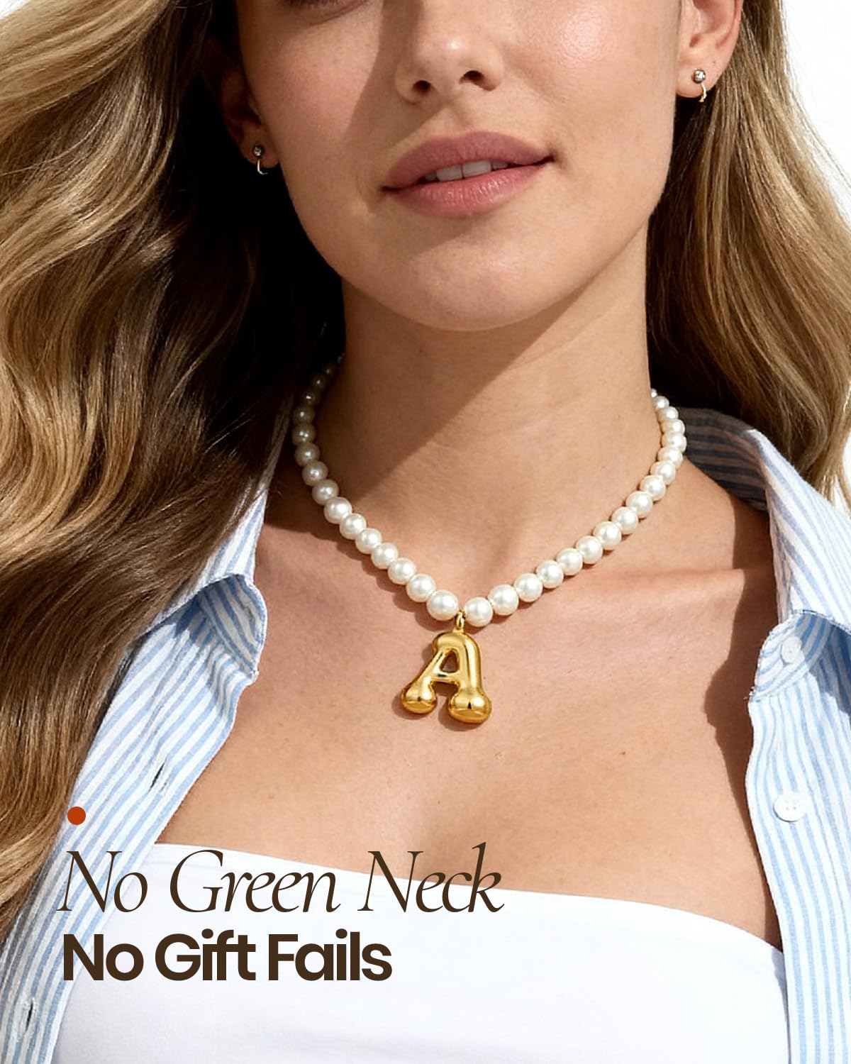 DoDoBeads Pearl Initial Necklace, 18K Gold Plated Stainless Steel Balloon Letter Pendant L, Non-Tarnish Waterproof Chunky Monogram Jewelry Gifts for Women Teens