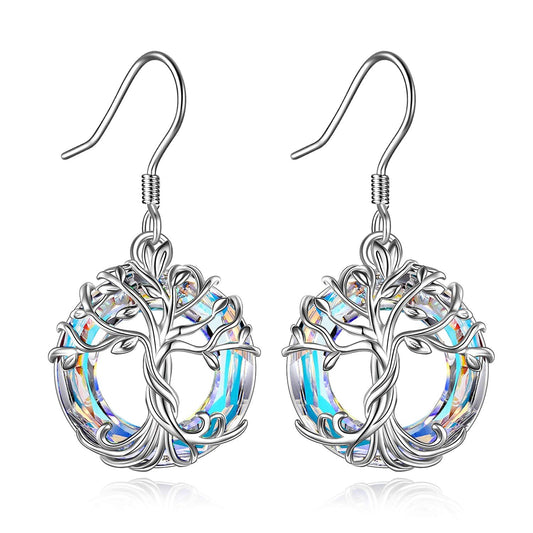 TOUPOP Tree of Life Earrings for Women Sterling Silver Family Tree Drop Dangle Earrings White Circle Crystal Jewelry Birthday Mothers Day Gifts for Women Mom Her