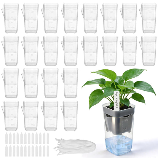 24 Pack 2" Small Self Watering Pots for Indoor Plants Mini Clear Plastic Planters with Water Level and Drainage Holes with Plant Labels and Wick Cord for Succulents, Propagation, and African Violet