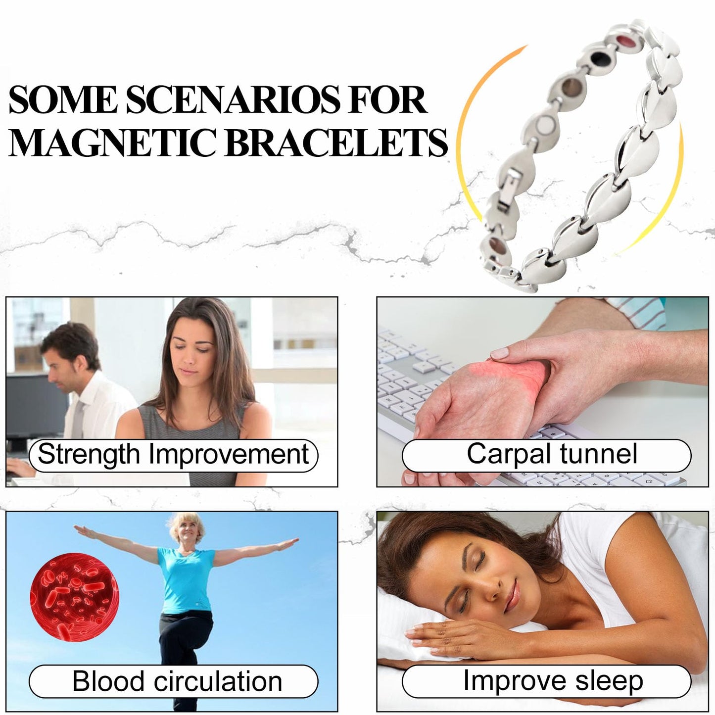 KYOSI Magnetic Bracelets for Women Stainless Steel Womens Magnet Bracelet Leaf Shape Fashion Christmas Gift (Silver, 7.87 inches)
