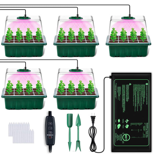 YAUNGEL Seed Starter Tray with Grow Light, 5 Pack Seed Starter Kit with Heat Mat, Seedling Starter Trays with Timing Controller Adjustable Brightness, Thicken Trays with Humidity Domes