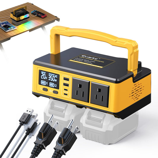 Ecarke 350W Portable Power Inverter Compatible with DeWALT 20V Battery, DC 20V to AC 110V Power Station with 2 AC Outlets, 2 USB, 2 Type-C & RGB LED Light, for Outdoor Emergency Use (No Battery)