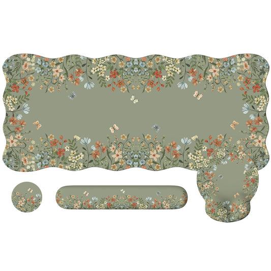 iCasso Desk Mat Set,Large Mouse Pad with Wrist Rest,Ergonomic Keyboard Wrist Support for Women,Girly Floral Computer Mat with Scalloped Edges,Non-Slip Desk Pad Home Office Gaming (Green)