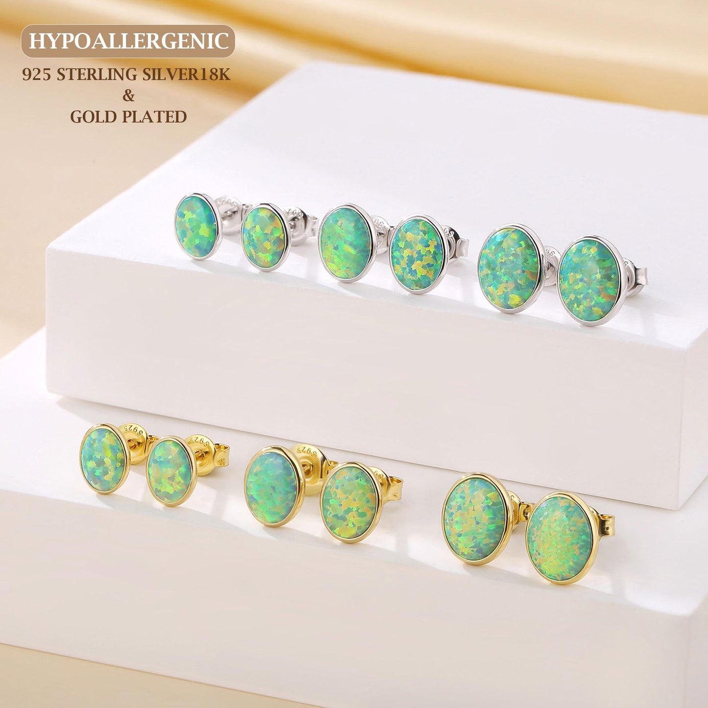 JiayangJY Silver Green Fire Opal Stud Earrings for Women 18K Yellow Gold Plated Sterling Silver Oval Shape 5mm Opal Earrings with Push Back