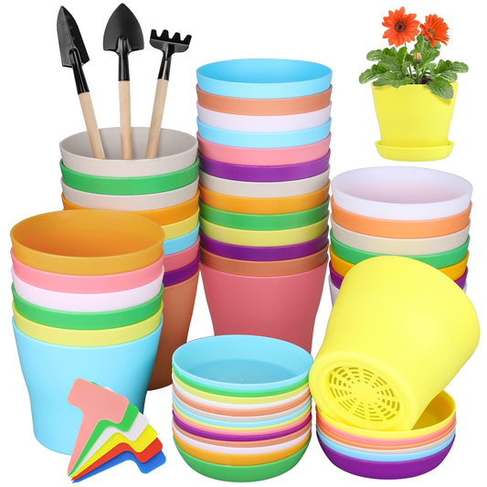 Hahood 36 Pack 4 Inch Plastic Plant Pots with Saucers Colorful Flower Plant Container Seed Starting Pots Thickened Seedlings Nursery Pots for Home Garden Indoor Outdoor Flowers, 9 Colors