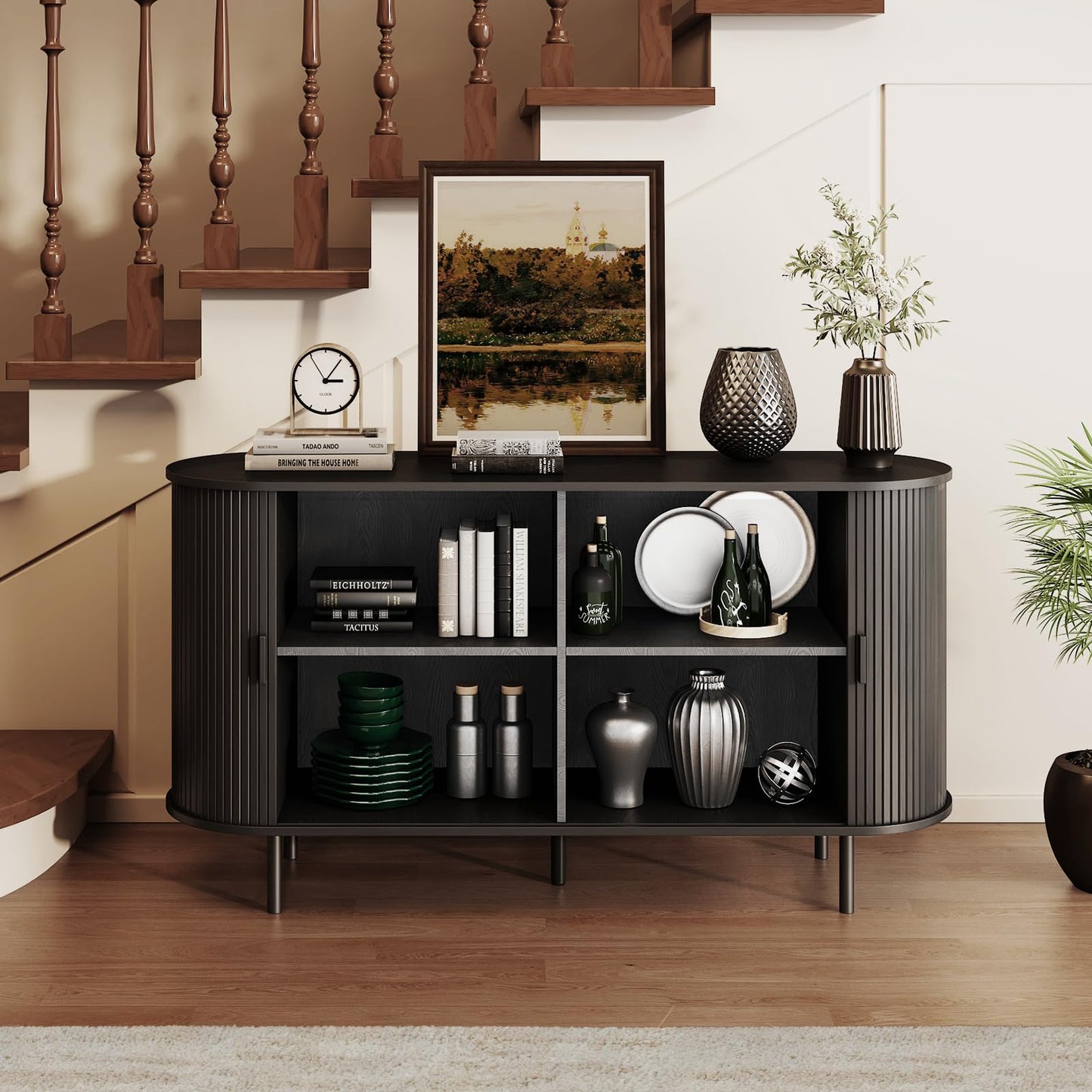 Buffet Sideboard Cabinet with Storage, 55" Fluted Cabinet with Sliding Door & Adjustable Shelf, Modern Accent Coffee Bar Console Table for Kitchen, Entryway, Black