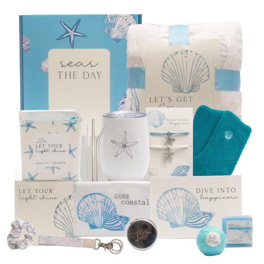 Mother's Day Ocean Themed Gifts for Women. 15pc Gift Basket Filled with Beach Lover Essentials and Spa Gifts for Her. Thinking of You for Mom, Friends, Coworkers, Birthday Gift for Woman