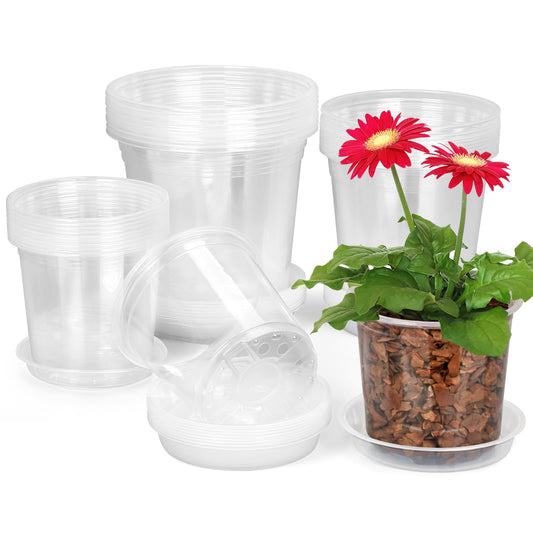 HQAUT 24 Pack 7/6/5 Inch Clear Nursery Pots with Drainage and Saucers, Clear Plastic Plant Pots for Plants, Seed Starting Pots