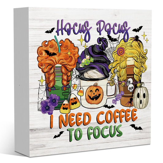 Halloween Coffee Decor Gifts for Women Sister Hocus Pocus Halloween Wood Decorations Sign for Home Farmhouse Office Bathroom Desk Shelf 5 x 5 Inches