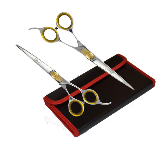 Sharf Professional Pet Shears Kit: Gold Touch Dog Grooming 7.5 Inch Curved Shear & 7.5 Inch Straight Scissors | Must-Have Groomers & Home Groomer Scissors Set