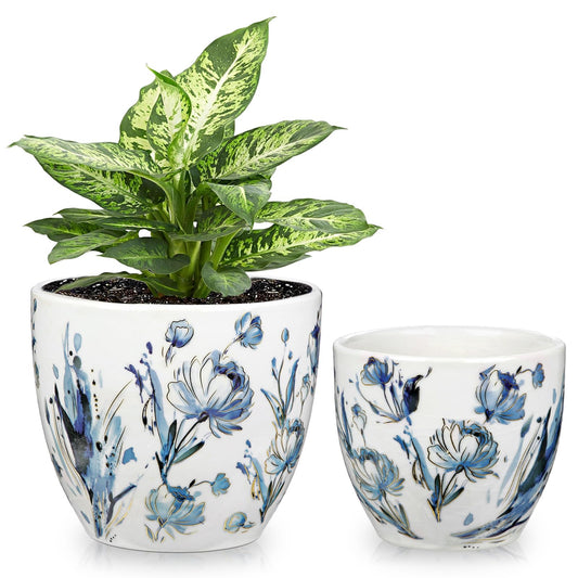Decorative Flower Pots Blue and White Plant Pot Gold Accent Ceramic Planters for Indoor Plants Pots with Drainage Retro Planter Pot for Succulents Cactus Herb Snake Plants Outdoor Garden, 7.6/5.5 Inch