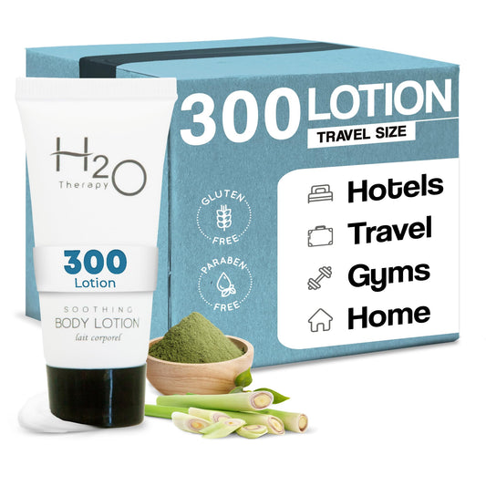 Travel Size Hotel Body Lotion 300 Count 0.85 oz Bottles Guest Amenities for Hotels Vacation Rentals and Short Term Rentals Paraben Free Green Tea Scent Infused with Aloe and Olive Oil by H2O Therapy