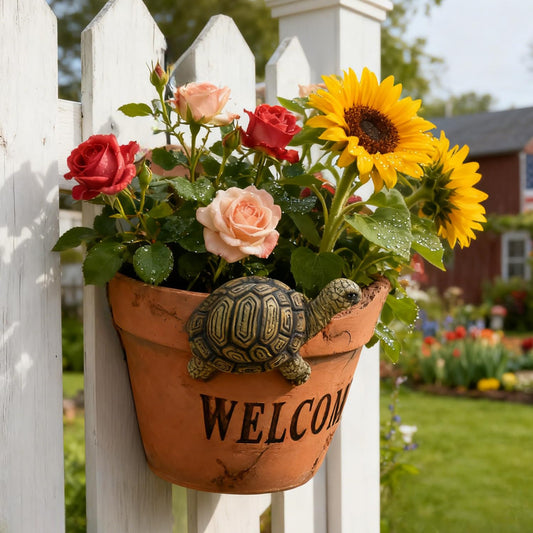 Juliahestia Rustic Turtle Welcome Wall Planter Pot Resin Clay Look Cute Planters for Indoor Outdoor Dry & Artificial Flowers Planters for Porch Garden Pots Gift for Garden Lovers