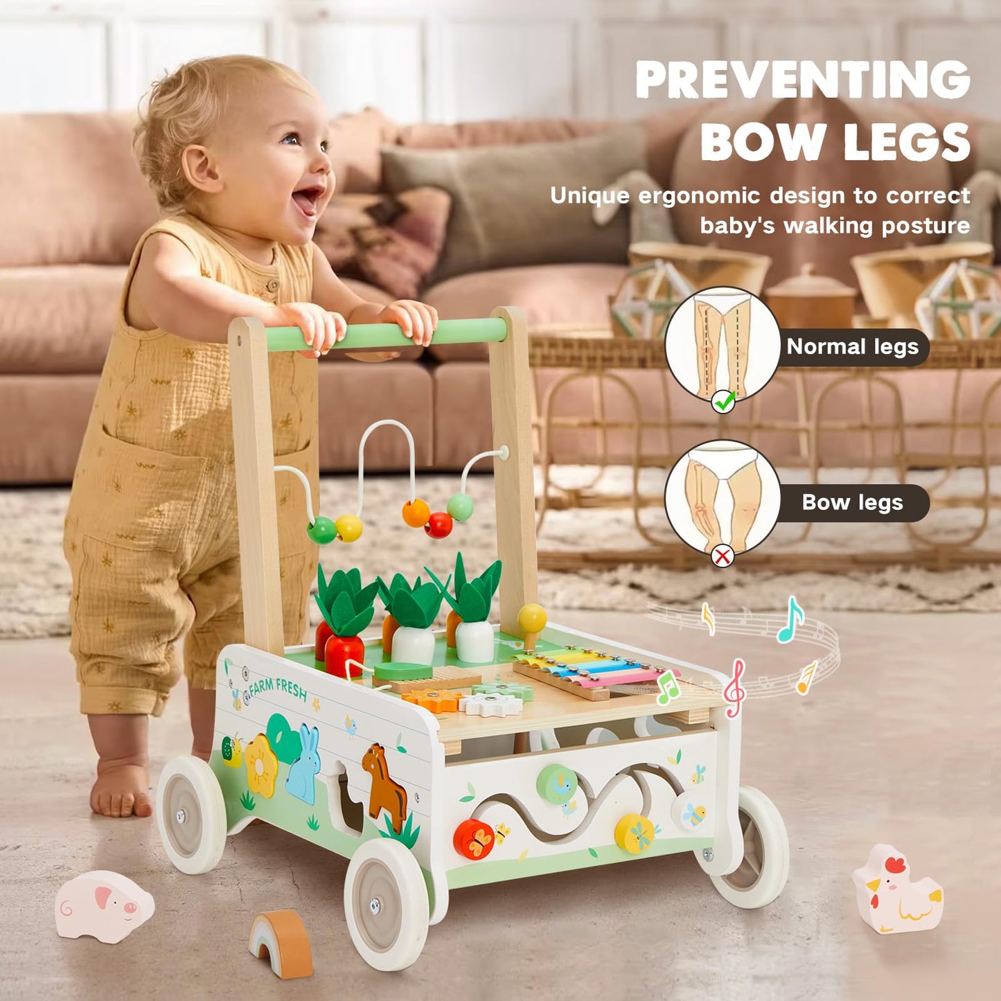 Wooden Baby Walker, Baby Push Walker, Adjustable Speed Baby Walker with Wheel, Toddler Activity Center Toys, Montessori Farm Walker Toy with Shape Sorter, Carrot Harvest for Boys and Girls