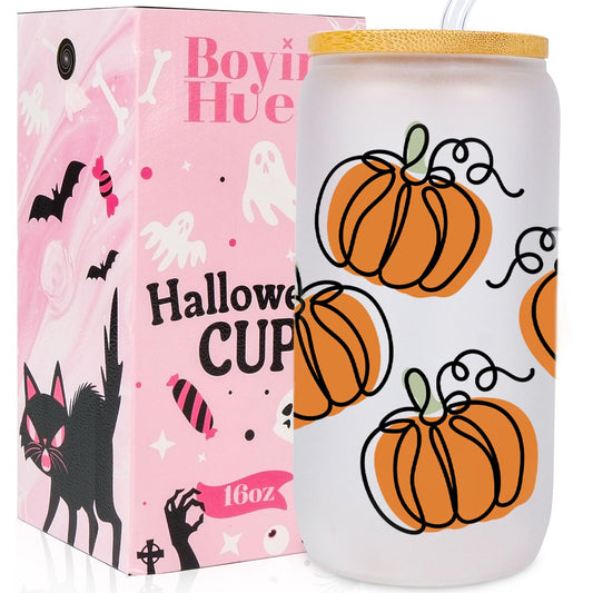 BOYIN HUES Halloween Pumpkin Cups - Cute Halloween Gifts Spooky Boo Basket Stuffers for Women, Teens, Kids - 16oz Glass Iced Coffee Cup w/Lid and Straw - Trick or Treat Party Favors Fall Decor