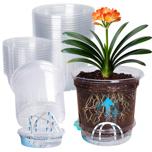MIXC 12 Packs 6.5 Inch Self Watering Pots for Indoor Plants - Clear Nursery Plant Pots with Drainage, Deep Visible Reservoir - Flower Planter Outdoor with Wicking Rope