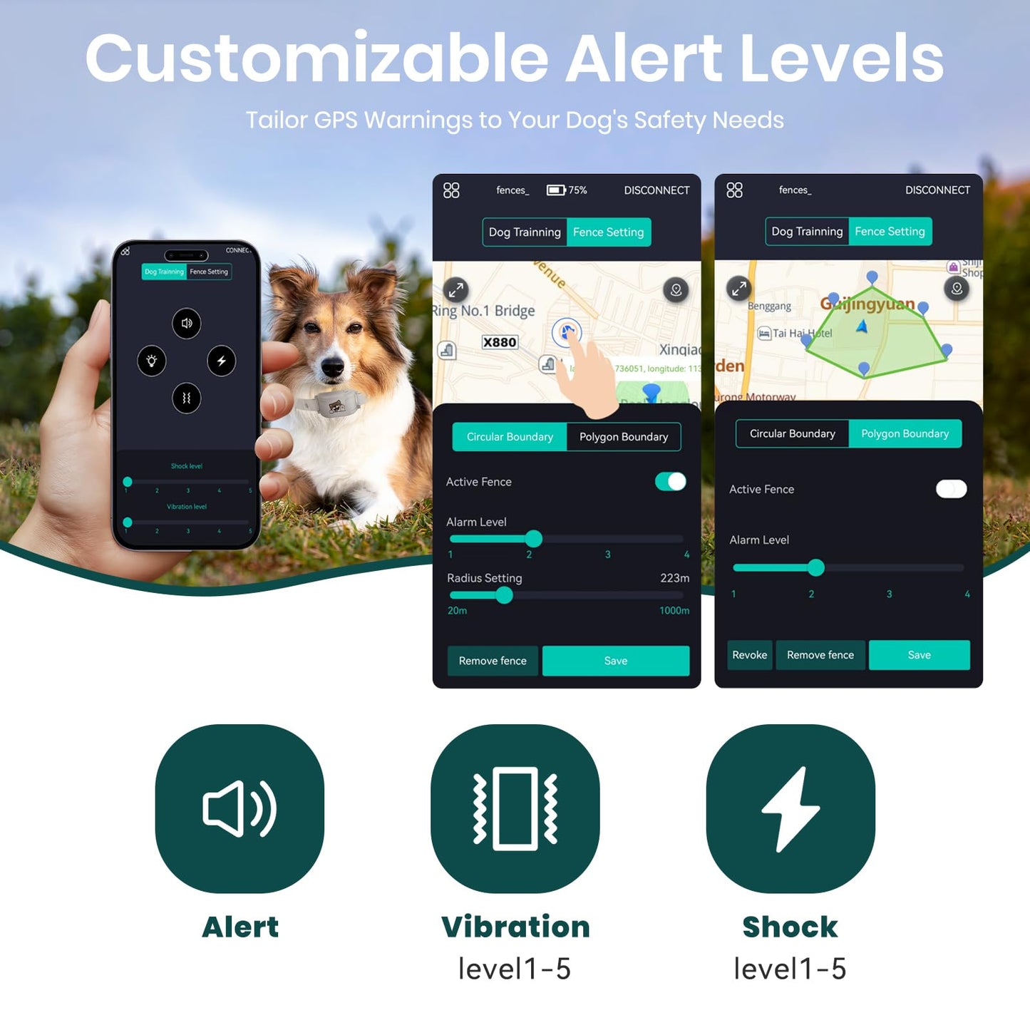 Upgraded GPS Dog Fence & Tracking Collar System - No Subscription Required, Customizable Boundaries via App, Waterproof Rechargeable Collar with Remote Training, 1-Minute Setup, Long Battery Life