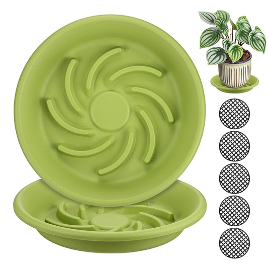 M METERXITY 2-Pack Plant Saucer, 7.4 Inch/ 18.8cm Plastic Plant Trays Thicker for Pots/Indoor/Outdoor/Water Drainage and Protection, Flowerpot Drip Tray [Apple Green]