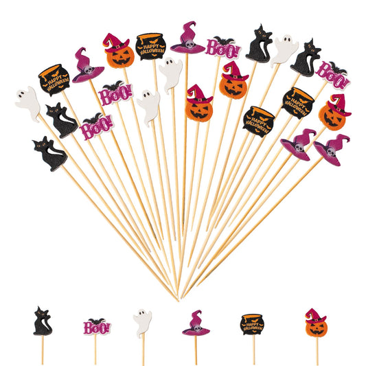 Jiesky 235pcs Halloween Cocktail Picks Halloween Theme cats boo ghosts witch hats pumpkins Bamboo Cocktail Toothpicks Fruit Sticks Sandwich Appetizer Charcuterie Skewers for Halloween Party Supplies