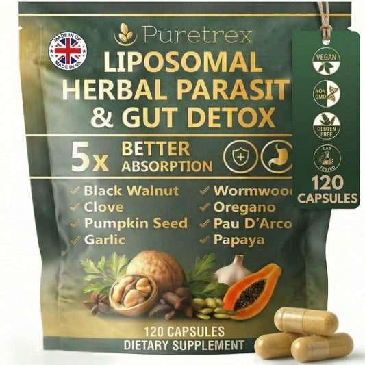PURETREX Liposomal Herbal Parasite Cleanse for Humans, 9 Herb Wormwood Black Walnut Clove Formula, Gut Detox with Pumpkin Seed Garlic Oregano PAU D'Arco Papaya, 120 Vegan Capsules