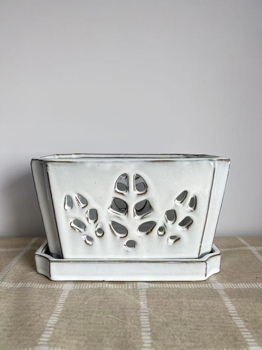 Fowargif 10inch Rectangle Ceramic Orchid pots with Holes with Saucer (White)