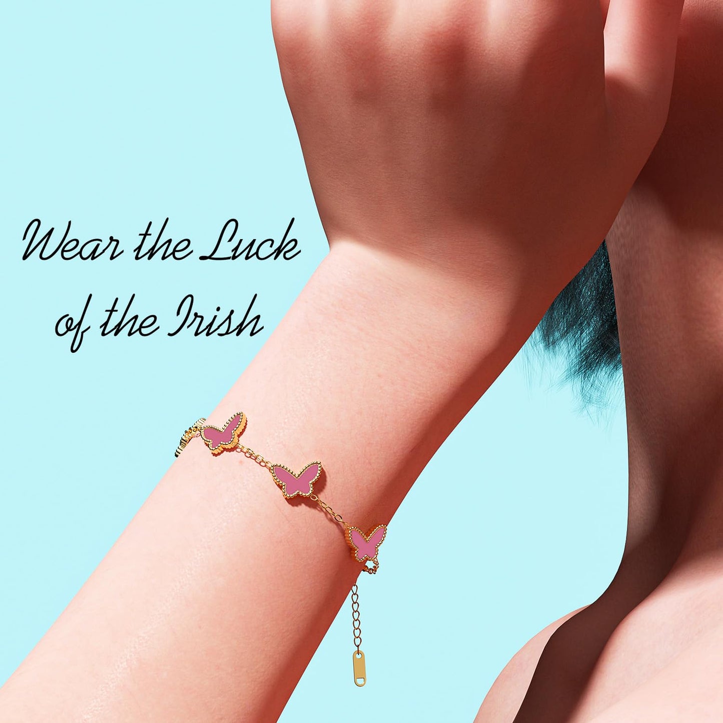AICase 18K Gold Plated Clover Bracelet Dupes Pink Bracelet Set for Women Butterfly Flower Leaf Lucky Clover Bracelets Trendy Jewelry Birthday Gifts for Women/MoM/Friends_Pink