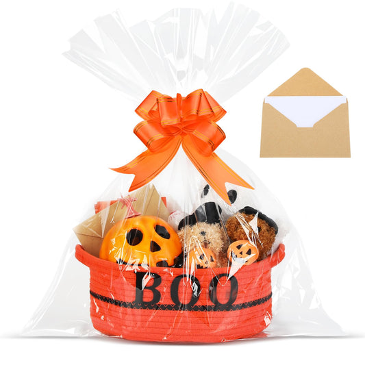 Potchen Halloween Boo Basket Gift with Handles Funny Boo Cotton Rope Basket Empty Trick or Treat Storage Bin with Clear Plastic Bag Ribbon Gift Card Envelope Set for Halloween Celebrations(Orange)