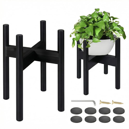 FJO 2Pcs Adjustable Plant Stand Indoor - Bamboo Plant Stands, Bamboo Mid Century Modern Plants Stands, Plant Holder for Living Room Fits 8 to 12 Inches Pots(Pot & Plant Not Included) (Black)
