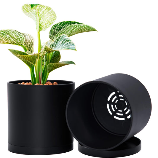 D'vine Dev 2 Pack 6 Inch Modern Plastic Plant Pots, Small Garden Planters for Plant with Drainage Holes and Saucers, Black Color, 74-Y-J-1