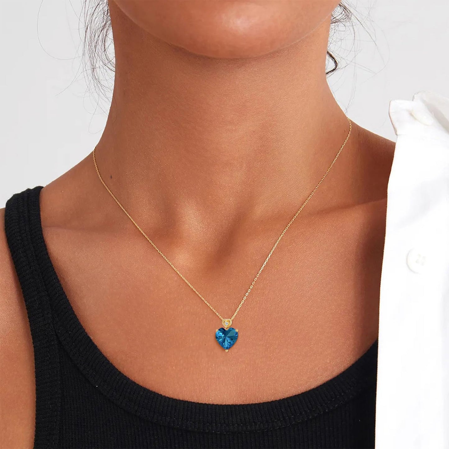 NFYBD 14k Gold Love Heart London Blue Topaz Birthstone Pendant Necklace for Women 3 Carat Heart-cut Created Gemstone Anniversary Birthday Mother's Day Necklaces for Her 16+1+1 inch