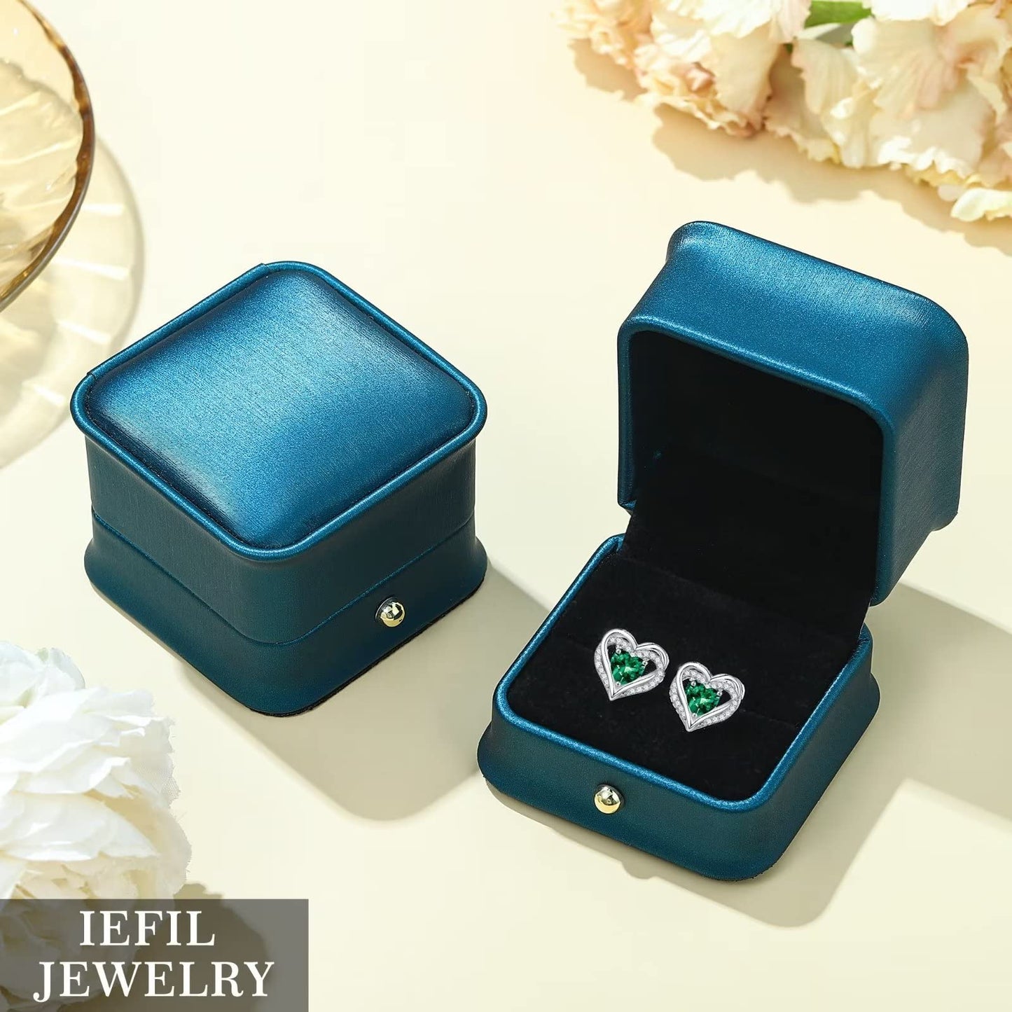 Iefil Heart Earrings for Women, 925 Sterling Silver July Birthstone Red Ruby Heart Stud Earrings for Women