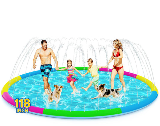 118" Extra Large Splash Pad - Non-Slip Splash Pad for Kids and Dogs Thickened Dog Pool with Sprinkler Outdoor Water Toys Giant Fountain Play Mat for Toddlers Children Adults Pets