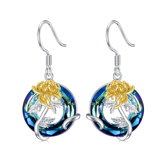 TOUPOP November Birth Flower Earrings Chrysanthemum Drop Dangle Earrings Blue Crystal Jewelry Birthday Mothers Day Gifts for Women Mom Her
