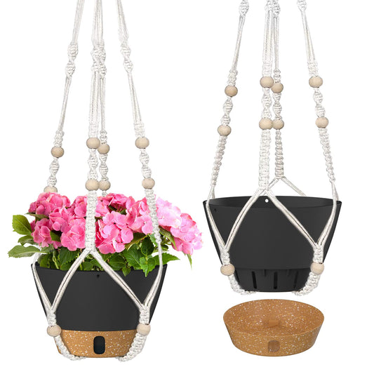 ZMTECH 2 Pack 10 Inch Hanging Planters with Macrame Plant Hanger for Indoor and Outdoor Plants, Self Watering, Drainage Hole, Visible Level Tray, Gray
