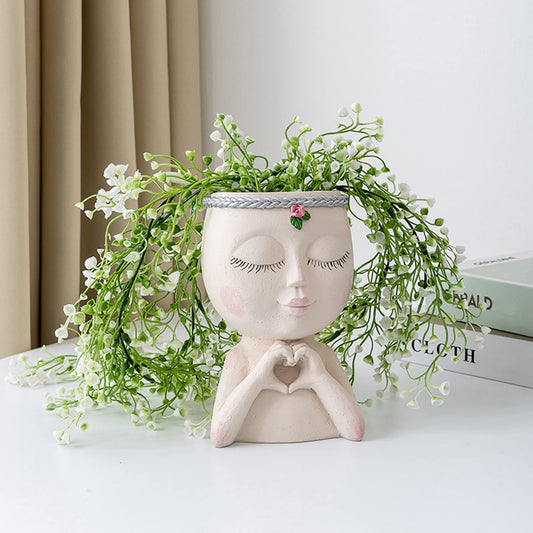 Altsuceser Face Flower Pot Head Planter, Little Girl Closed Eyes with Heart Gesture Flowerpot Planter Pots, Female Head Succulent Pots with Drainage Hole for Indoor Outdoor Plants White One Size