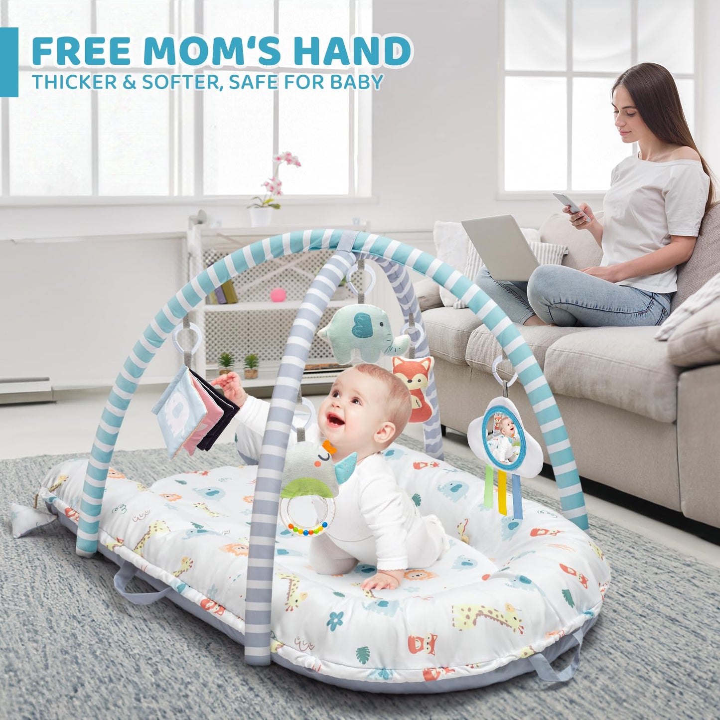 Baby Play Mat, 7-in-1 Infant Gym Mat for Sensory and Motor Development, Washable & Portable Newborn Tummy Time Activity Mat for Home & Travel, Babies Gift for 0-3-6-9-12-18 Months