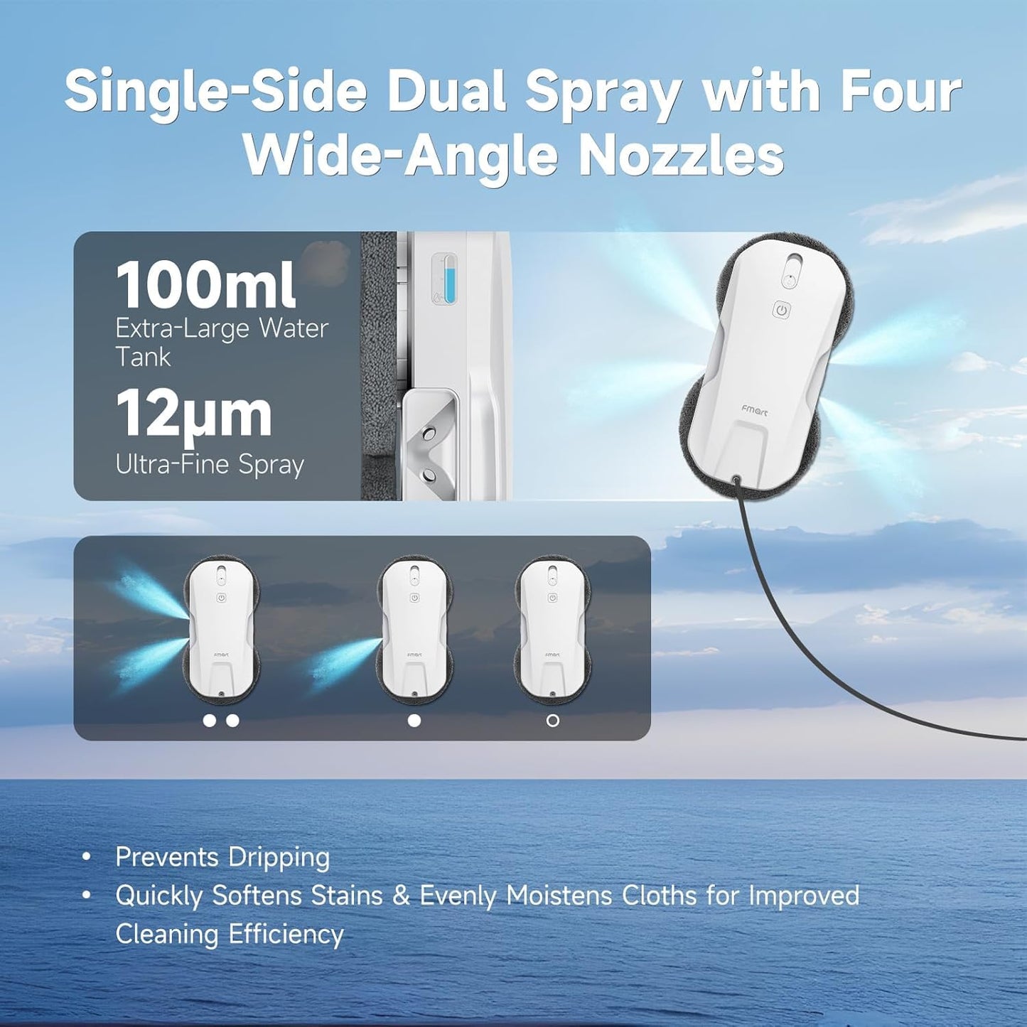 FMART T11 Window Cleaning Robot, Auto 4-Way Water Spray, 5300Pa Strong Suction, High-Speed Cleaning, <60dB Ultra-Quiet, 60mm Slim Window Robot, Smart Navigation, Anti-Drop & 50min UPS Protection